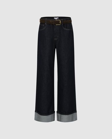  URBAN REVIVO - Quần jeans nữ ống rộng xắn gấu phối thắt lưng 