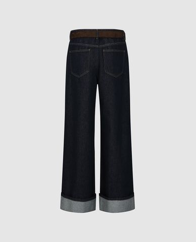  URBAN REVIVO - Quần jeans nữ ống rộng xắn gấu phối thắt lưng 