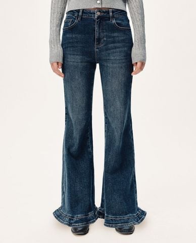  URBAN REVIVO - Quần jeans nữ ống loe phối bèo 
