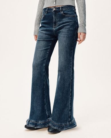  URBAN REVIVO - Quần jeans nữ ống loe phối bèo 