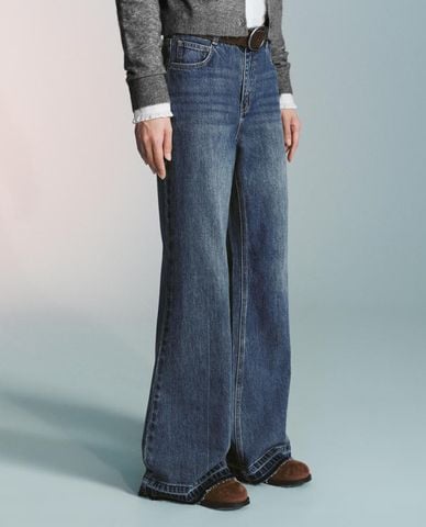  URBAN REVIVO - Quần jeans nữ ống loe phối thắt lưng 