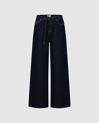  URBAN REVIVO - Quần jeans nữ ống rộng phối dây rút 