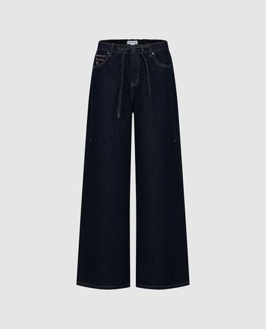  URBAN REVIVO - Quần jeans nữ ống rộng phối dây rút 