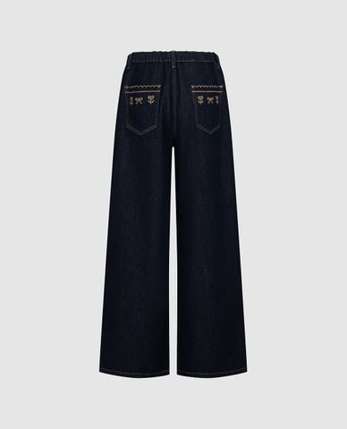  URBAN REVIVO - Quần jeans nữ ống rộng phối dây rút 