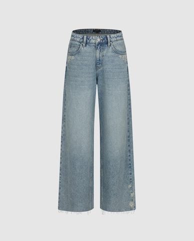  URBAN REVIVO - Quần jeans nữ ống rộng thêu hoa 