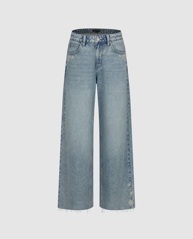  URBAN REVIVO - Quần jeans nữ ống rộng thêu hoa 