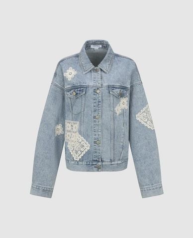  URBAN REVIVO - Áo khoác denim nữ cổ bẻ tay dài phối ren 