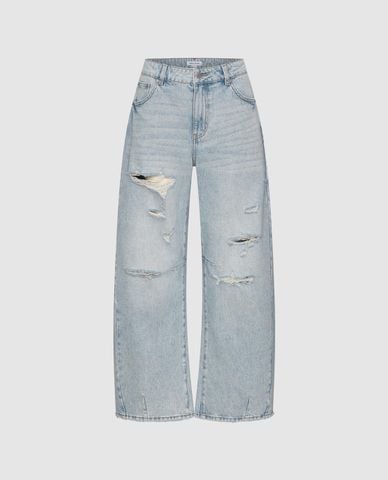  URBAN REVIVO - Quần jeans nữ ống rộng wash bạc 