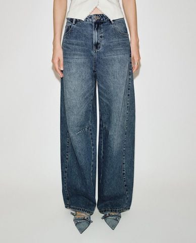  URBAN REVIVO - Quần jeans nữ ống rộng wash bạc 