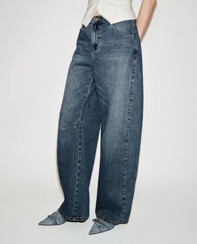  URBAN REVIVO - Quần jeans nữ ống rộng wash bạc 