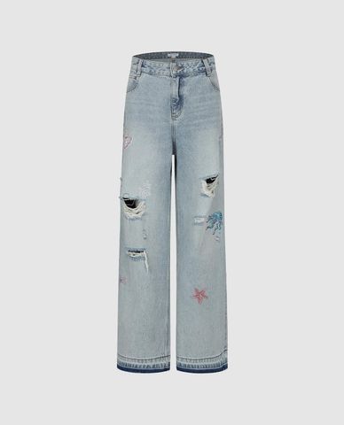  URBAN REVIVO - Quần jeans nữ ống rộng rách gối đính hạt 