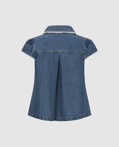  URBAN REVIVO - Áo sơ mi denim nữ tay ngắn phối ren 