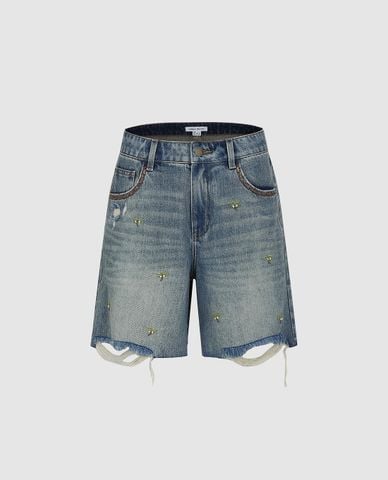  URBAN REVIVO - Quần short jeans nữ ống rộng đính hạt 