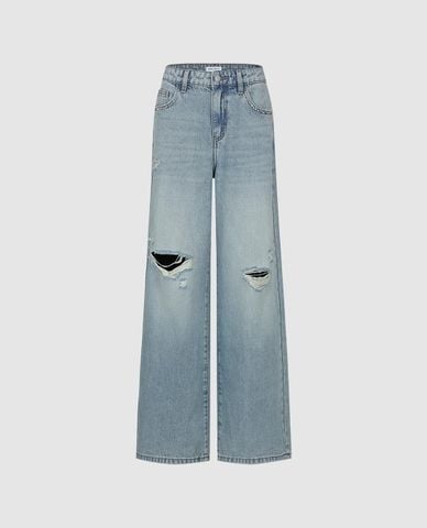  URBAN REVIVO - Quần jeans nữ ống rộng wash bạc rách gối 