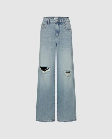  URBAN REVIVO - Quần jeans nữ ống rộng wash bạc rách gối 