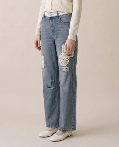  URBAN REVIVO - Quần jeans nữ ống rộng phối ren 