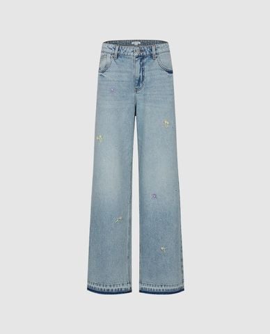  URBAN REVIVO - Quần jeans nữ ống rộng thêu hoa 