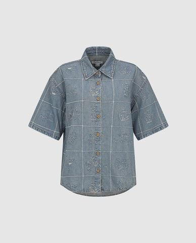  URBAN REVIVO - Áo sơ mi denim nữ tay ngắn thêu họa tiết 