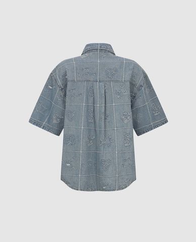  URBAN REVIVO - Áo sơ mi denim nữ tay ngắn thêu họa tiết 