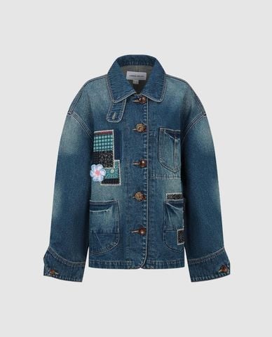  URBAN REVIVO - Áo khoác denim nữ tay dài phối patchwork 