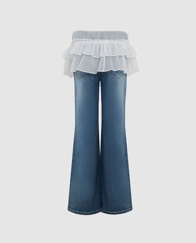 URBAN REVIVO - Quần jeans nữ ống loe phối vải lưới thời trang 
