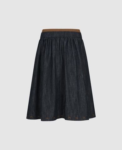  URBAN REVIVO - Chân váy denim midi lưng thun phối dây rút 
