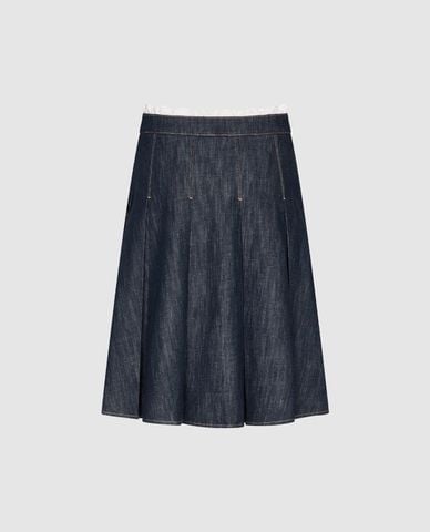  URBAN REVIVO - Chân váy denim midi thêu hoa viền bèo 