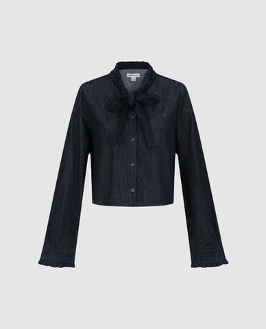  URBAN REVIVO - Áo sơ mi denim nữ cổ nơ tay dài phối bèo 