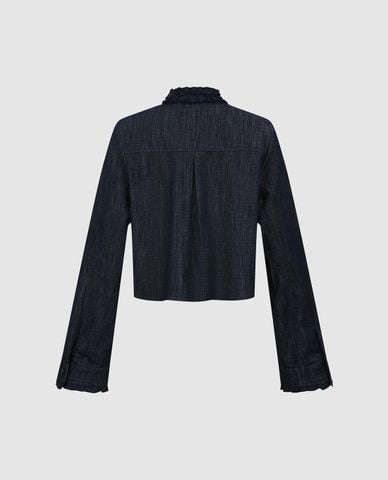  URBAN REVIVO - Áo sơ mi denim nữ cổ nơ tay dài phối bèo 