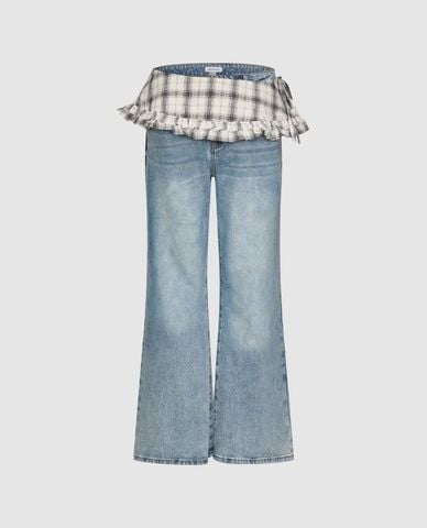  URBAN REVIVO - Quần jeans nữ ống loe phối bèo caro 