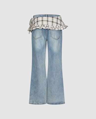  URBAN REVIVO - Quần jeans nữ ống loe phối bèo caro 