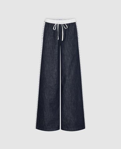  URBAN REVIVO - Quần jeans nữ ống rộng lưng thun phối ren 