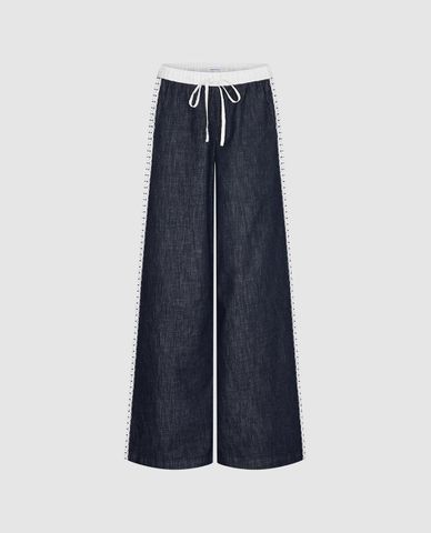  URBAN REVIVO - Quần jeans nữ ống rộng lưng thun phối ren 