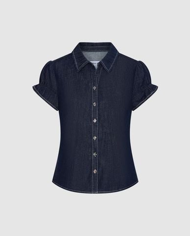 URBAN REVIVO - Áo sơ mi denim nữ cổ bẻ tay phồng 