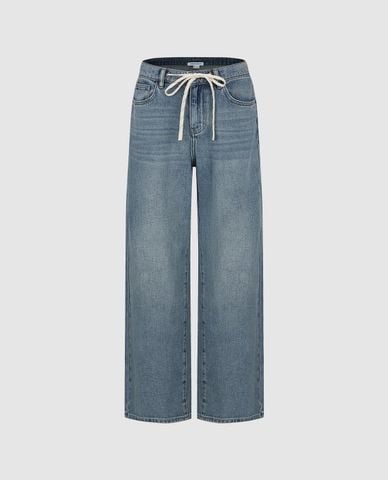  URBAN REVIVO - Quần jeans nữ ống rộng phối dây rút 