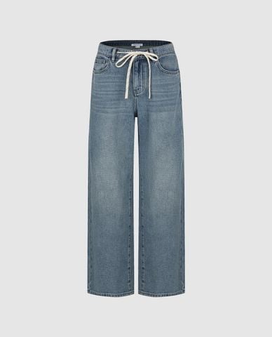  URBAN REVIVO - Quần jeans nữ ống rộng phối dây rút 