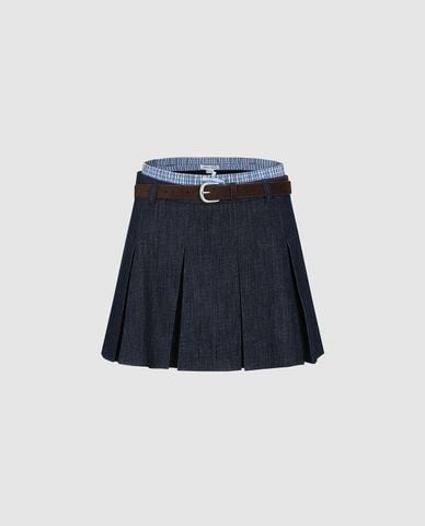  URBAN REVIVO - Chân váy denim mini xếp li kèm thắt lưng 