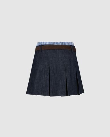  URBAN REVIVO - Chân váy denim mini xếp li kèm thắt lưng 