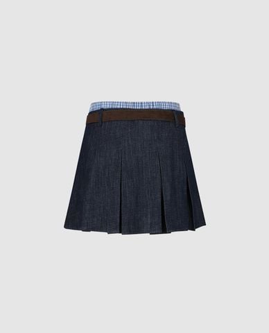  URBAN REVIVO - Chân váy denim mini xếp li kèm thắt lưng 