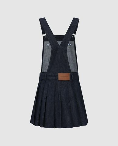  URBAN REVIVO - Đầm yếm denim mini xếp li dáng xòe 