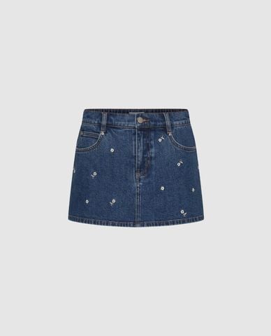  URBAN REVIVO - Chân váy denim mini thêu hoa 