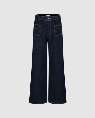  URBAN REVIVO - Quần jeans nữ ống rộng phối nơ 