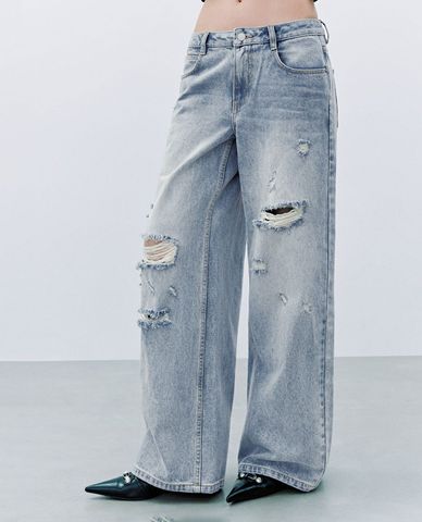 URBAN REVIVO - Quần jeans nữ ống rộng phối ren 