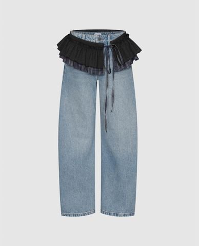  URBAN REVIVO - Quần jeans nữ ống đứng phối đai bèo 