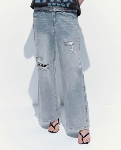  URBAN REVIVO - Quần jeans nữ ống rộng kèm thắt lưng 