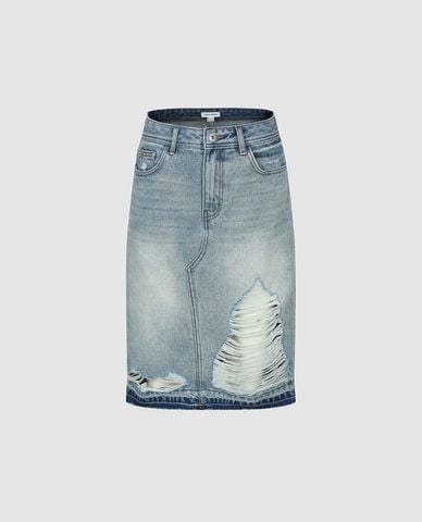  URBAN REVIVO - Chân váy denim midi wash bạc 