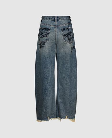  URBAN REVIVO - Quần jeans nữ ống rộng in họa tiết 