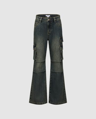  URBAN REVIVO - Quần jeans nữ ống loe phối túi hộp 
