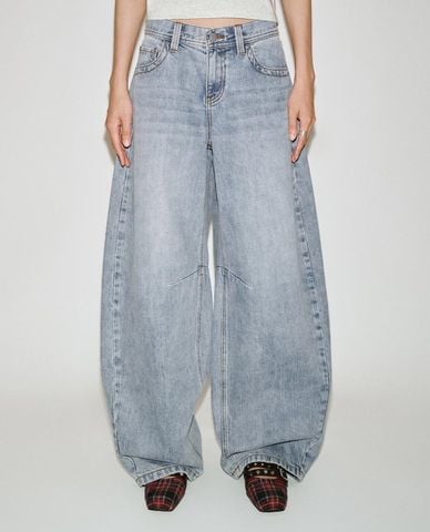  URBAN REVIVO - Quần jeans nữ ống rộng wash bạc 