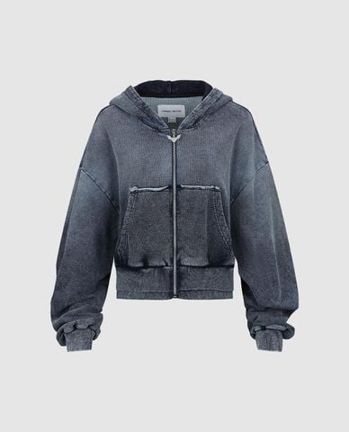  URBAN REVIVO - Áo khoác denim nữ phối mũ tay dài bo gấu 